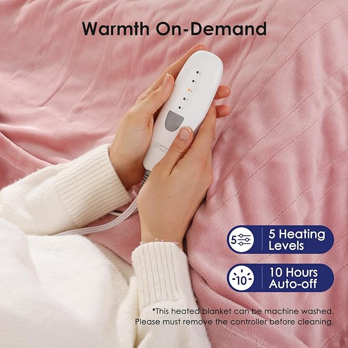 Pink Heated Blanket Full Size Electric Blanket with 5 Heating Level & 10 Hour Timer, Upgraded Flannel Lightweight but Warmer, ETL Certified & Overheat Protection, Gifts for Grandma(Dusty Pink)