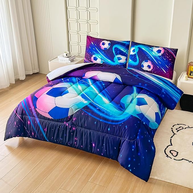 Peopleareok Soccer Comforter Set Twin (68x86 Inch), Purple Blue Soccer Theme Comforter, Sports Soccer Bedding, 2 Pieces Soft Microfiber Football Bedding Set for Boys Kids with 1 Pillowcases