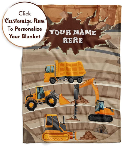 Personalized Blanket for Kids | Construction Truck Blanket | Fleece Throw for Boys and Girls | Kids & Toddlers | Tonka Bulldozer Dump Truck Loader Excavators (50x60 Sherpa, V4)