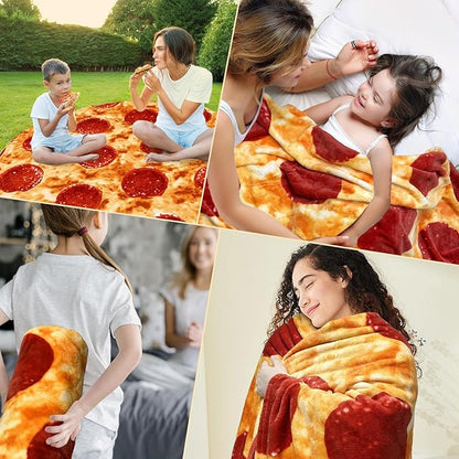 HDFK Pizza Blanket Adult Size, Round Food Blankets Funny Gifts Realistic Cheese Pepperoni Cozy Throw Double-Sided Short Plush Flannel Soft Fuzzy Novelty Red 71 inches for Couch Bed Lightweight