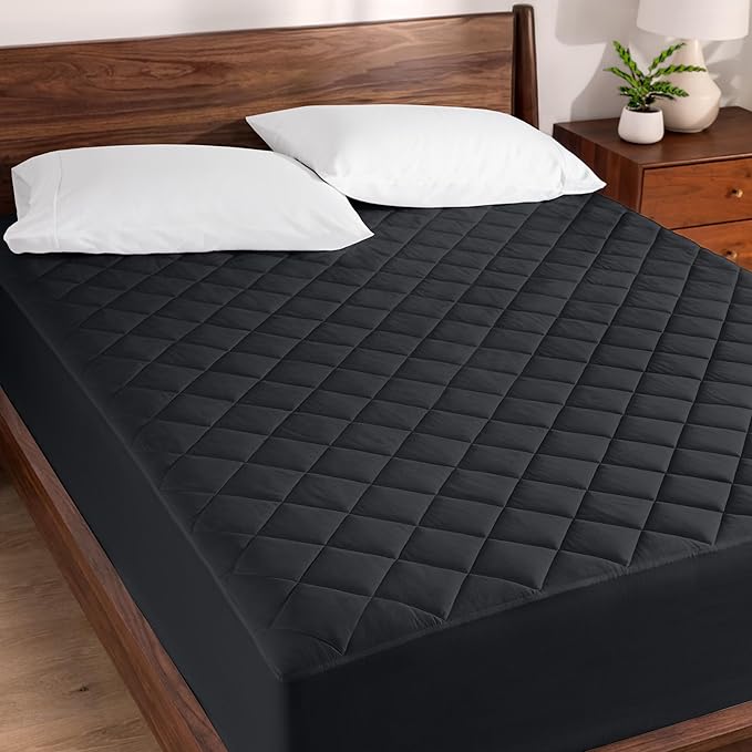 Bare Home King Quilted Fitted Mattress Pad - Cooling Mattress Cover - Easily Washable - Elastic Fitted Cover for Mattress - Stretch-to-Fit up to 15 Inches Deep (King, Black)