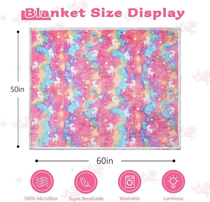 QSTEHEML Unicorns Glow in The Dark Blanket,Unicorn Gifts Sherpa Fleece Throw Blanket for Girls Age 3-12 Year Old, for Teens- Christmas Birthday Bedroom Decor 50"×60"