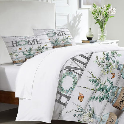 Eucalyptus Botanical Theme 3 Pieces Duvet Cover Comforter Set with 2 Pillowcase Queen Size Greenery Leaf Bed Sheet Quilt Bedroom Bedding for Lover Kids