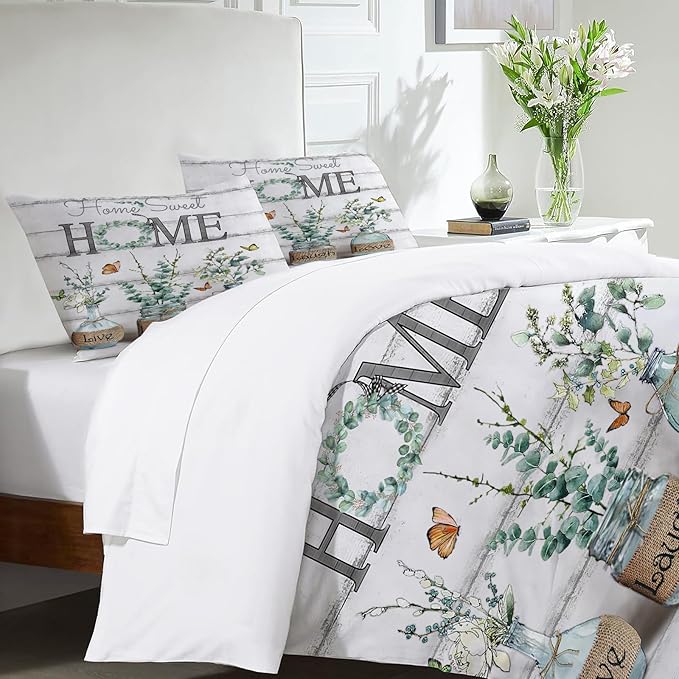 Eucalyptus Botanical Theme 3 Pieces Duvet Cover Comforter Set with 2 Pillowcase Twin Size Greenery Leaf Bed Sheet Quilt Bedroom Bedding for Lover Kids