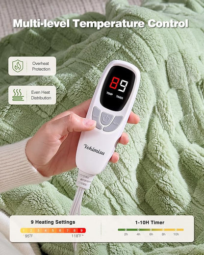 Heated Throw Blanket 50"x60" - 9-Level Fast Heating & 1-10H Timer, Fluffy Plush Blanket with Snap Buttons for Secure Fit, Soft Cozy Gift for Women/Men, for Couch, Bed & Office, Green