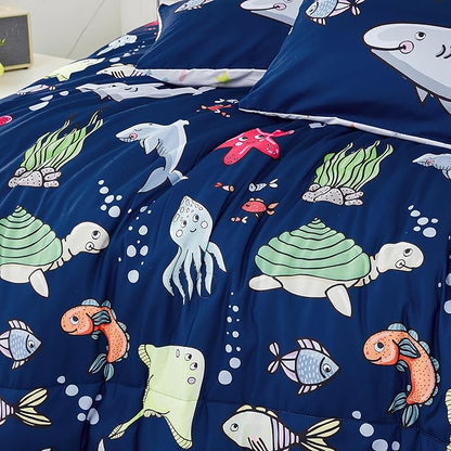 RYNGHIPY Kids Bedding Set for Queen Bed Reversible Ocean Animals Print Comforter Set for Boys Girls Easy-Wash Super Soft Microfiber Bed Set (Navy Ocean,Queen)