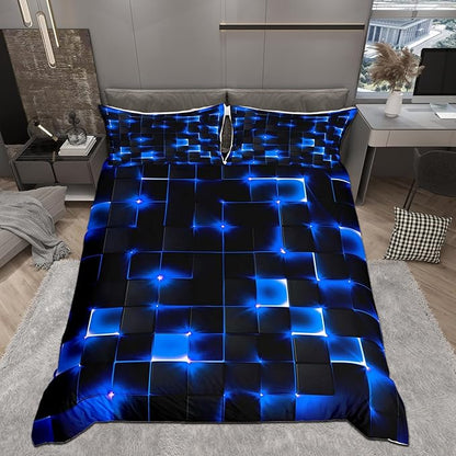 Castle Fairy Geometric Duvet Cover Queen Size,3D Abstract Modern Square Grid Print Duvet Cover Set for Children Adult,Shiny Blue Neon Light Black Soft Comforter Cover for Dorm Room, Zipper, Ties