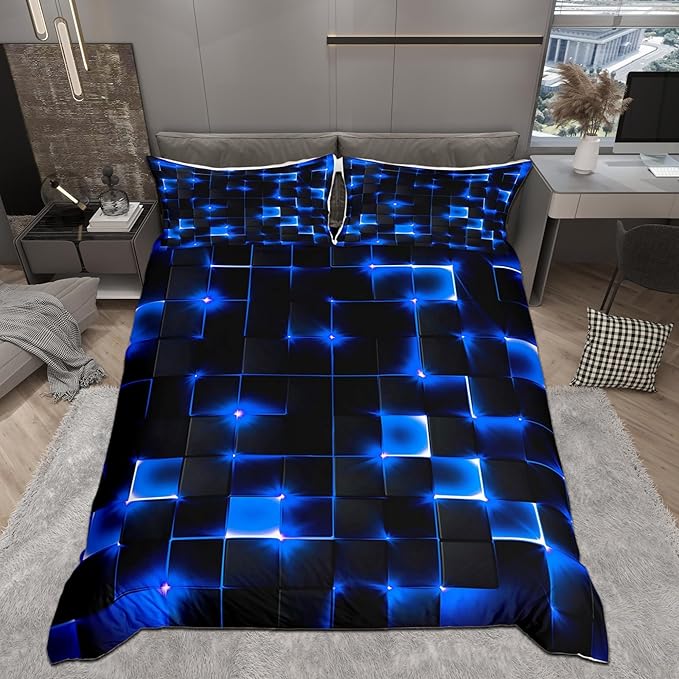 Castle Fairy Geometric Bedding Set Twin Size,3D Abstract Modern Square Grid Print Comforter Cover Set for Kids Girls,Shiny Blue Neon Light Black Bedding Quilt Cover Set Bedroom Decor, 2 Pcs