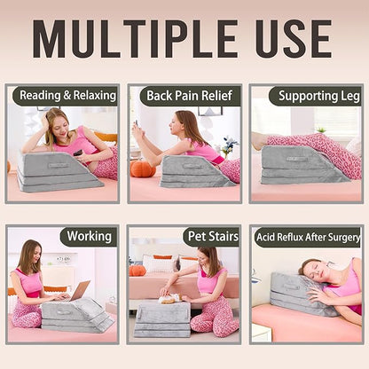 Wedge Pillow for Sleeping, Bed Wedge Pillow for After Surgery 3-Height Memory Foam Leg Elevation Pillow for Swelling Back Pain Relief Sciatica Knee Ankle Pain Bed Support Legs 6"-10”