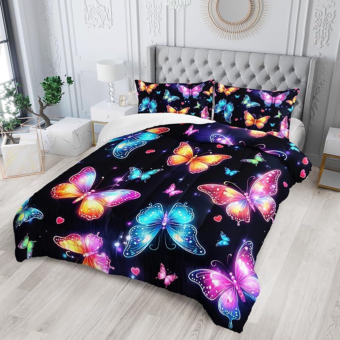 Colorful Gradient Butterfly Comforter 3Pcs Queen Tie-Dye Heart Pattern Bedding Set for Kid Teen Girl Boy Adult Sparkling Aesthetics Butterfly Quilt Bed Decor with 1 Comforter and 2 Pillowcases
