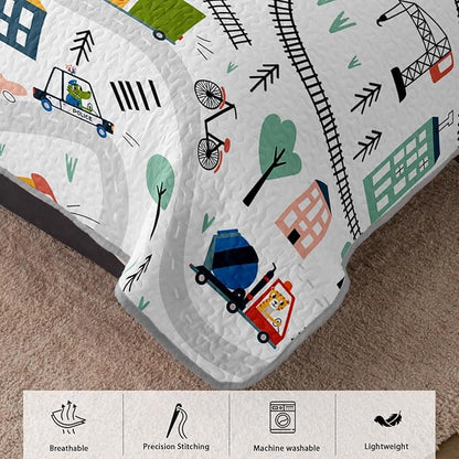 AILONEN Kids Truck 3-Piece Full Bedspread Coverlet Quilt Set for Boys Construction Work Road Cartoon Soft and Lightweight
