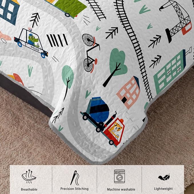 AILONEN Kids Truck 3-Piece King Bedspread Coverlet Quilt Set for Boys Construction Work Road Cartoon Soft and Lightweight