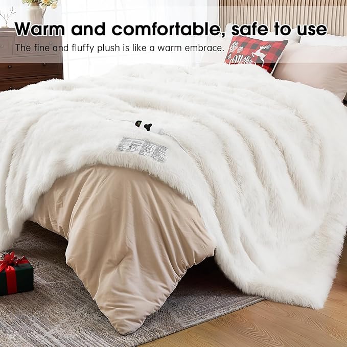 Heated Electric Blanket Queen–Faux Fur with Soft Thick Sherpa,Warm Winter Birthday Gifts for Women Grandma,Dual Control,10 Heat Settings,5 Time Settings, 84x90, Snow Cloud
