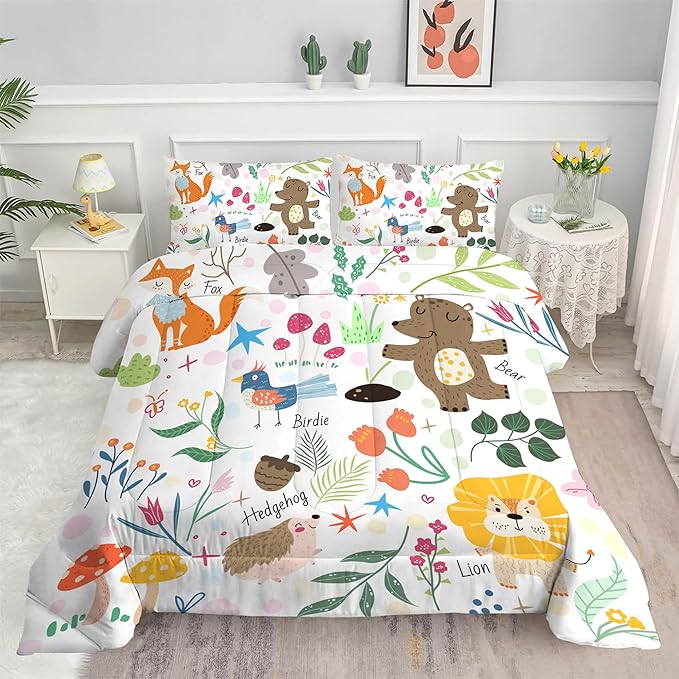 Animal Comforter Set Twin: Forest Animals Kids Bedding Set Cute Safari Woodland Quilt Jungle Cartoon Fox Bear Lion Flowers Bed Sets for Girls Boys Children Teens Toddler