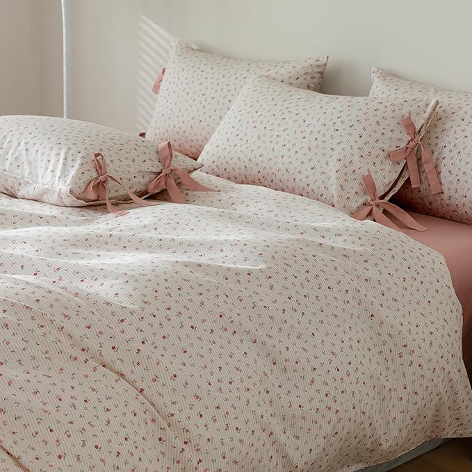 AOJIM Kids Floral Bedding Duvet Cover King Size, Soft Cotton Comforter Cover Set 3pcs for Adults, 1 Durable Duvet Cover 104x90'' with Zipper Closure and 2 Pillowcases with Bowknot, Machine Washable