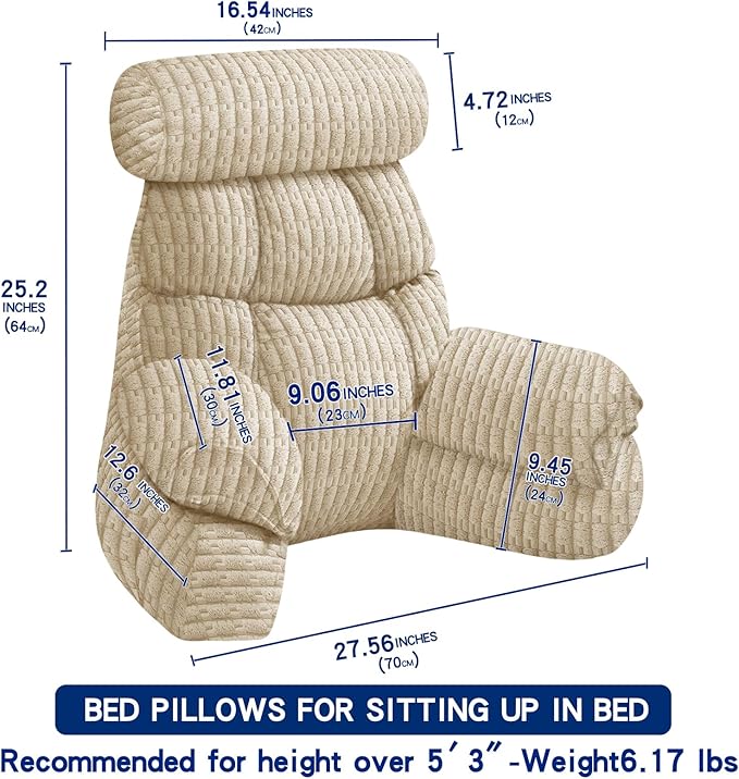 FXXUDVNIIN Back Pillow for Bed Sitting Up: Reading Pillow with 9.4" Height Armrest-Bed Pillow for Sitting up & TV Pillows for, Play Games, Working & Relaxing, Comfort Support for TV/Reading