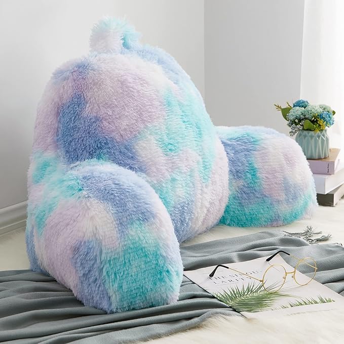 Reading Pillow for Bed Adult - Faux Fur Backrest Pillow with Arms, Ergonomic Back Rest Pillow for Sitting Up in Bed, Extra Fluffy Sit Up Pillow, Students, Teens, Kids Study Pillow, Xmas Gift