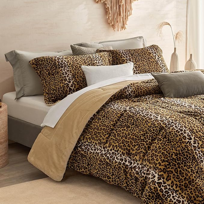 Petrichor Leopard Velvet Flannel Queen Comforter Set-Cheetah Print Western Blanket,Luxury Fuzzy Heavy Bedding Set, 3 Pieces Plush Winter Bed Set with Comforter (90"x90") & 2 Pillow Shams (20"x26")