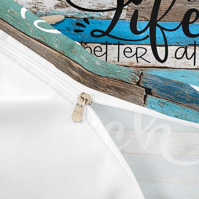 Blue Farmhouse Duvet Cover King Size,Lake House Barn Door Bedding Set for Kids Teens Adults Room Decor,Hawaiian Ocean Comforter Cover Starfish Sea Life Quilt Cover,2 Pillowcases,Vintage Brown