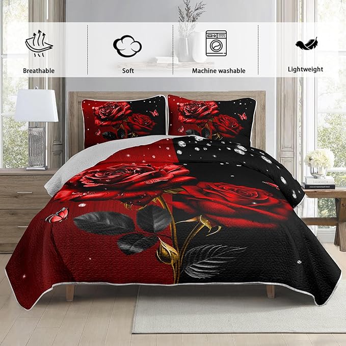 Red Floral Full Quilted Sets,Romantic Red and Black Bedding Quilt Set,Rose Pattern Soft Lightweight Bedding All Season for with 2 Pillowcases.