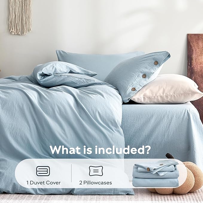 JELLYMONI 100% Washed Cotton Duvet Cover King – Soft, Breathable Linen-Look Bedding with Natural Wrinkle Texture, Button Closure, 3-Piece Set (Mist Blue, 104"x90")
