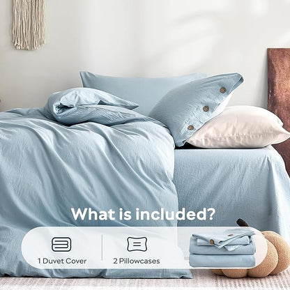 JELLYMONI 100% Washed Cotton Duvet Cover Full – Soft, Breathable Linen-Look Bedding with Natural Wrinkle Texture, Button Closure, 3-Piece Set (Mist Blue, 80"x90")