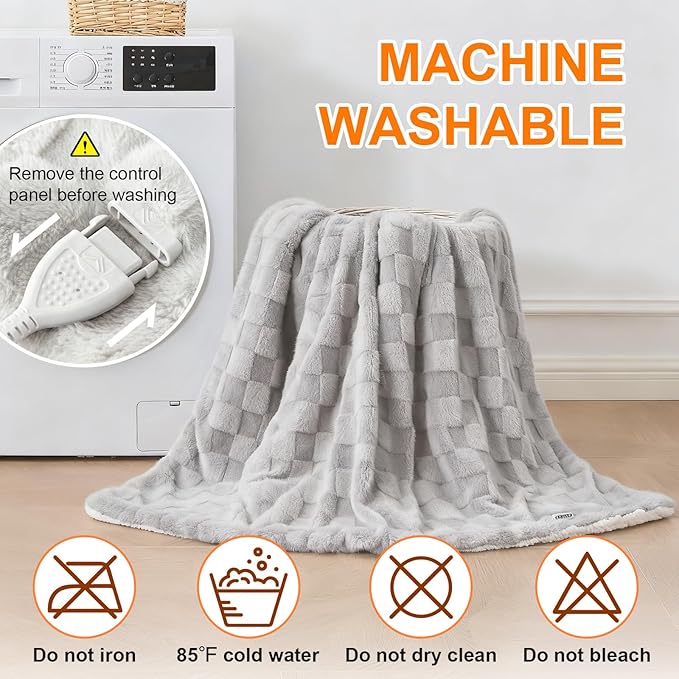 Electric Heated Blanket Full Size - Jacquard Checkered Sherpa 72"x84" Fast Heating Bed Blankets with 6 Heating Levels & 10 Hours Auto Off, Over-Heat Protection ETL, Light Gray