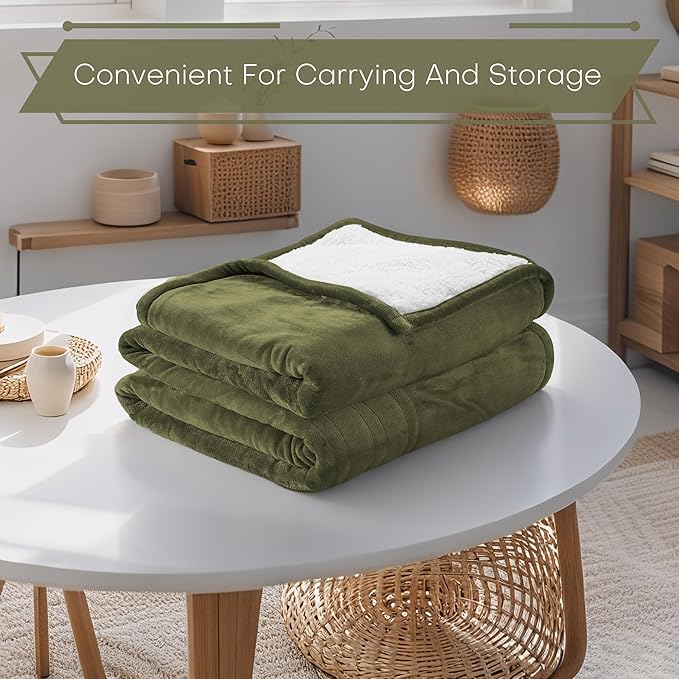 Electric Heated Blanket Throw Size 50"x60" - Flannel & Sherpa Fabric Dual-Sided, 6 Heat Settings & 1-3 Hours Auto Off, Soft & Cozy Warming Throw for Home, Office, or Bed, Machine Washable, Olive Green