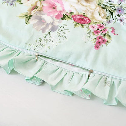 FADFAY Light Robin Egg Blue Duvet Cover Sets Floral Girls Bedding Set 100% Cotton Ruffled Farmhouse Bedding for Women Elegant Garden Style Dorm Bedding (3-Piece, Full Size)