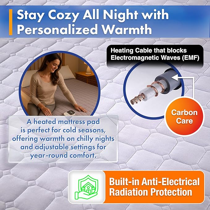 Heated Mattress Pad – Bed Warmer with 5 Heat Settings, 15-Hour Auto Shut-Off,Tencel & Microfiber, Anti-Radiation, Waterproof, Machine Washable, Single Controller, UL Listed, Twin, Single