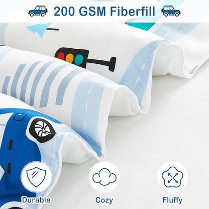 Mooreeke Bed in a Bag for Kids Boys Teens, 6 Pieces Twin Size Comforter Bed Set with Shams, Sheet Set and Decorative Toy Pillow, Cars White Super Soft Microfiber Kids Comforter Bedding Set