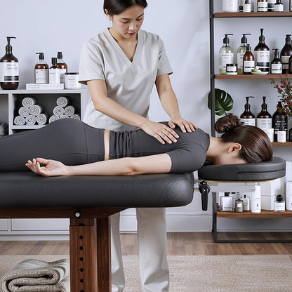 Olela Wood Adjustable Massage Table, Stationary Massage Tables with Adjustable Height Legs & Storage, Esthetician Bed with C-Shaped Pillow & PU Leather for Spa, Massage, Physical Therapy, Treatment