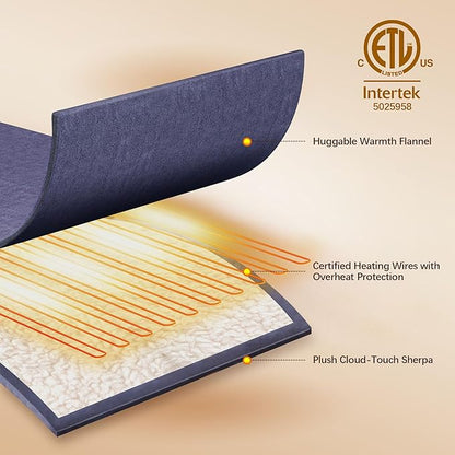 Queen Size Electric Blanket 84" x 90" - Flannel Sherpa Washable Heated Blanket with Dual Control, 5 Heating Levels & 10 Hours Auto Off, Heating Blanket with Overheat Protection for Home(Blue)