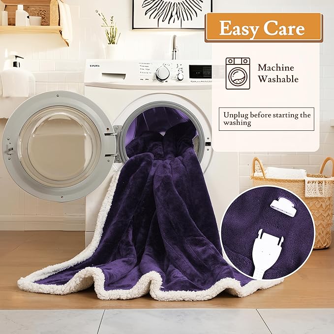 Electric Heated Blanket Flannel & Sherpa 62"x84" Twin Size - 4 Heat Levels, 10H Auto Shut Off, Fast Heating, Cozy and Comfortable, Warm Gifts, Machine Washable - Purple