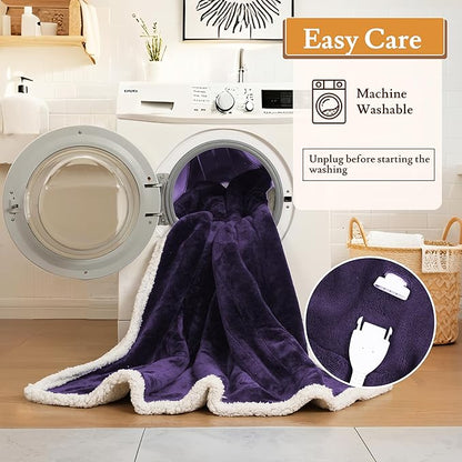 Electric Heated Blanket Flannel & Sherpa 62"x84" Twin Size - 4 Heat Levels, 10H Auto Shut Off, Fast Heating, Cozy and Comfortable, Warm Gifts, Machine Washable - Purple