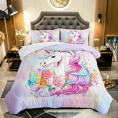Kid Unicorn Comforter Set Queen Size 3Pcs Star Rose Marble Pattern Quilt Bedding Set for Boys Girls with 1 Comforter and 2 Pillowcases