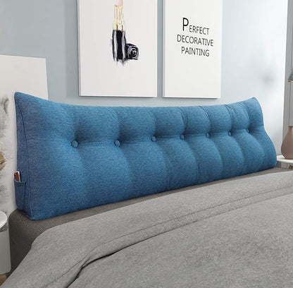 Wedge Headboard Pillow Dorm Room Reading Pillow Back Support for Sitting Up in Bed Bolster Lumbar Cushion Body Positioning Bedrest Cotton Linen 76in Blue King