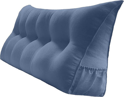 Triangular Reading Bed Rest Pillow Large Bolster Cushion Headboard Backrest Wedge Pillow with Removable Cover and Two Large Side Pockets (Blue, Queen: 59 x 8 x 20 inches)