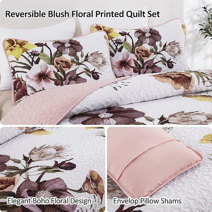 Drucon Floral Quilt Set Queen 3 Pieces Boho Blush Quilt Coverlet Set Soft Microfiber Lightweight Colorful Floral Quilted Bedspread for All Season 90"x96"