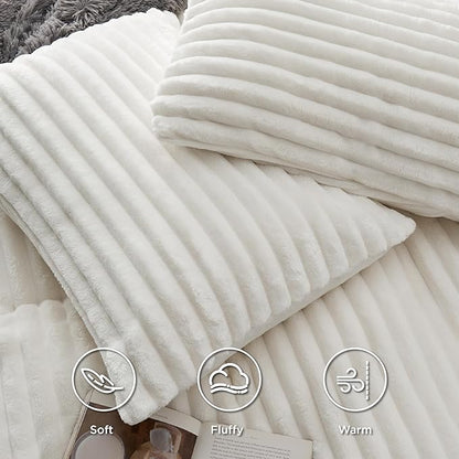 Bedsure Fluffy Duvet Cover Set - Ultra Soft Plush Shaggy Comforter Cover Twin Size, Warm Flannel Fleece Bed Sets for Winter, 2 Pieces (Striped Pattern, Coconut White)