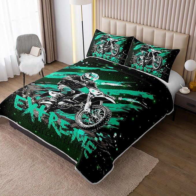 Motocross Dirt Bike Quilts Bedding Queen 3Pcs Motorcycle Racer Pattern Quilt Bed Set Extreme Sport Lightweight Soft Bedspreads Coverlet with 2 Pillowcases for Kid Boy Girl Teen Adult Room Decor
