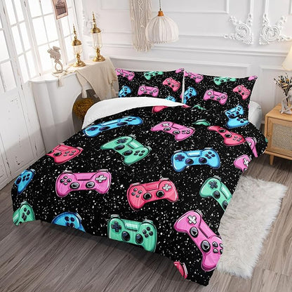 Colorful Gamer Console Comforter 3Pcs Twin Games Contoller Bedding Set for Kids Teens Boys Girls Adults 3D Video Game Gamepad Quilt Room Decor with 1 Comforter and 2 Pillowcases