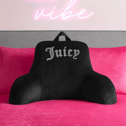 Juicy Couture Velour Backrest Pillow with Rhinestone Juicy Logo - 30"x17", Black Supportive Bed Rest Pillow for Reading, Gaming, or Relaxing