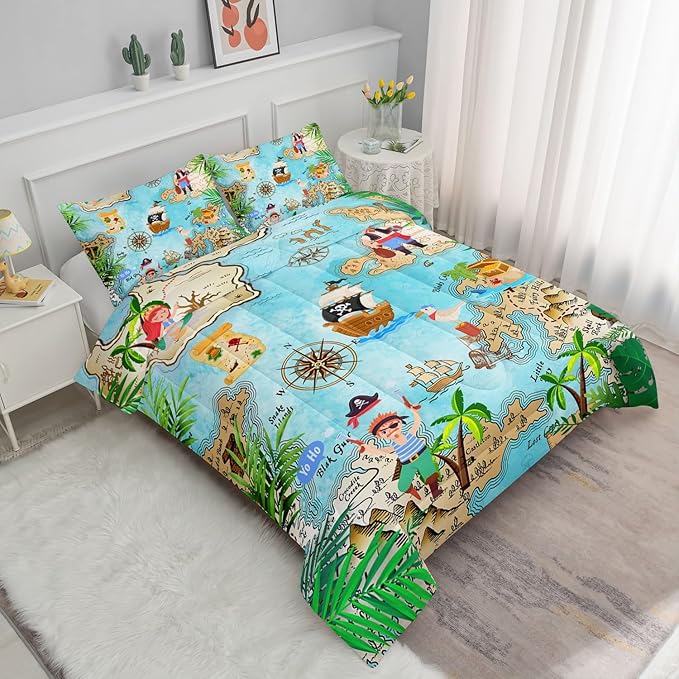 Kids Comforter Set Pirate Ship Printed Pattern Bedding Set with 1 Comforter and 2 Pillowcases for Girls Boys Bedroom All Season(Pirate Ship Twin)