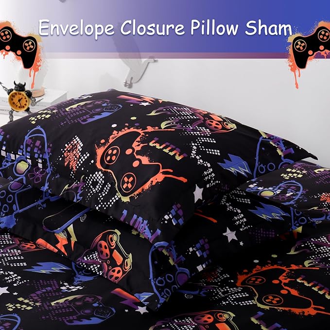 JSD Black Gamer Kids Duvet Cover Set Queen Size, 3 Piece Teens Printed Microfiber Comforter Cover with Pillow Sham Zipper Closure, Comforter Not Included