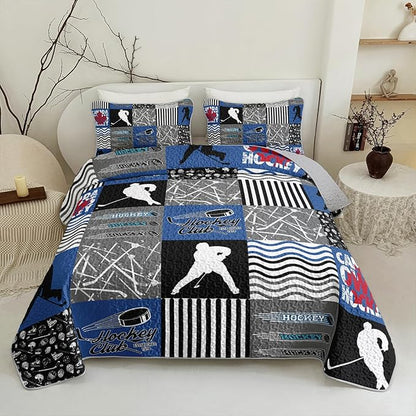 QOOMO Ice Hockey Quilt Set King Size,Sports Bedspread Coverlet Set,Ice Hockey Player 3Pcs Bedding Set Printed Quilt with 2 Pillowcases,Soft and Lightweight,for All Seasons