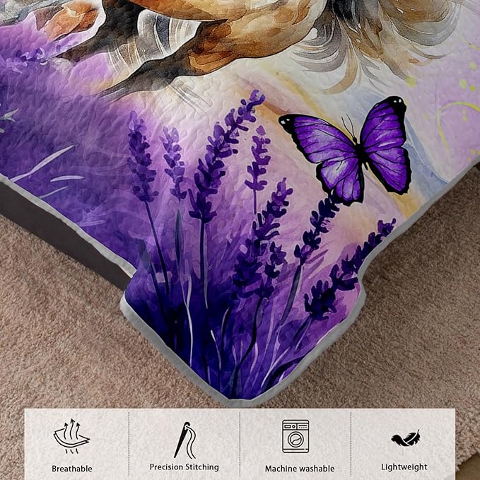 AILONEN Girls Horse Quilt Bedding Set Twin Size,Galloping Horse Bedspread Coverlet,3Pcs Purple Butterfly Lavender Flowers Animal Themed Bed Cover (1 Quilt + 2 Pillowcases)