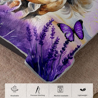 AILONEN Girls Horse Quilt Bedding Set King Size,Galloping Horse Bedspread Coverlet,3Pcs Purple Butterfly Lavender Flowers Animal Themed Bed Cover (1 Quilt + 2 Pillowcases)