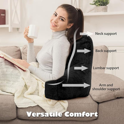 Reading Pillow for Sitting in Bed Adult, Standard Reading Pillow with Memory Foam, Back Pillow for Bed Sitting Up with Extend Arms, Black