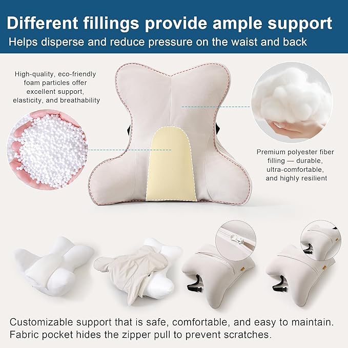 Lumbar Support Pillow – Multi-Functional Ergonomic Back Cushion for Office Chair, Car Seat & Sofa, Reading Pillow with Firm Multi-Zone Support to Relieve Lower Back Pain,Misty White